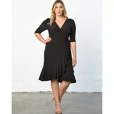 Size 1X 16 KIYONNA WHIMSY BLACK WRAP MIDI DRESS Day/Evening Party PLUS SIZE • $35.99