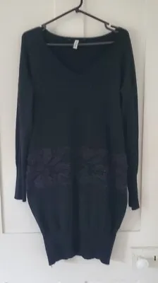 CELEBRITIES Black Viscose Stretch Bodycon Embroidered Sexy Midi Dress Size M/L • $1.26