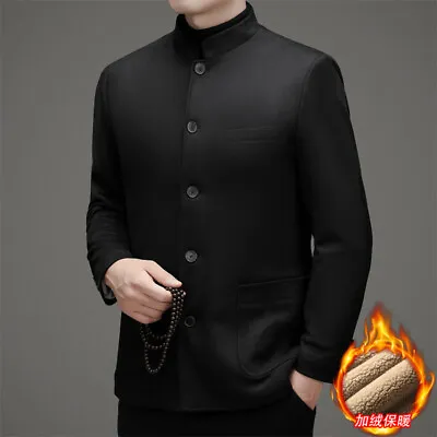 Retro Casual Single-breasted Plus Velvet Stand-up Collar Tunic Mens Warm Jacket • $144.09