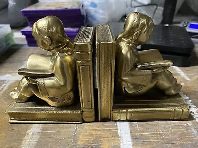 Antique Brass Bookends Chinese / Oriental Children Reading MADE IN USA • $49.74