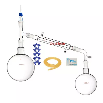 $99.99 • Buy 2000ml,24/40,Glass Distillation Apparatus,New Lab Vacuum Distill Glassware Kit