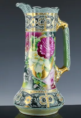 V.large Antique Nippon Floral Raised Moriage Enamel Porcelain Jug Pitcher Vase • $8.50