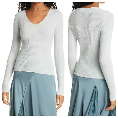 VINCE Women XL (M L) Mint V-Neck Slim Rib Cashmere Sweater Pullover Top NEW • $59.95