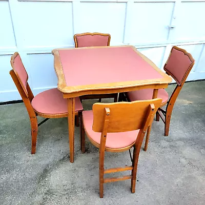 Vintage MCM Stakemore Folding Bridge Table And 4 Chairs (Wood And Vinyl) • $125