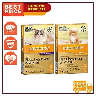ADVOCATE For All Sizes Cats 6 Pipettes Flea Heartworm And Worm Treatment • $79.97