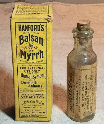 Antique Free Sample Size Hanfords Balsam Of Myrrh Labeled Medicine Bottle In Box • $59.95