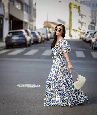 Nwt_zara Woman Sz. S M L Xl Geometric Printed Midi Ruffled Dress Blue Cotton • $59