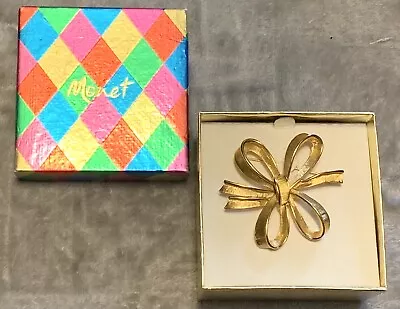 Vtg NWOT Monet Textured Gold Tone Holiday Dazzle Bow Brooch/Pin In Original Box • $11