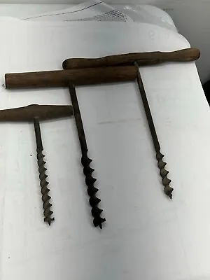 Set Of 3 Forged Antique T Handle Hand Drills Boat Auger Barn Beam • $100