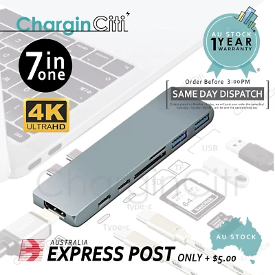 $23.49 • Buy 7 In 1 Hub For MacBook Laptop Thunderbolt 3.0 USB Type-C Hub Adapter HDMI SD TF