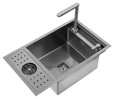 Black Hidden Handmade Kitchen Sink With Glass Rinser Single Bowl Stainless • £295