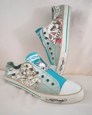 Ed Hardy Tennis Shoes Death Or Glory Sz 12 Slip On Sneaker Cap Toe • £52.91