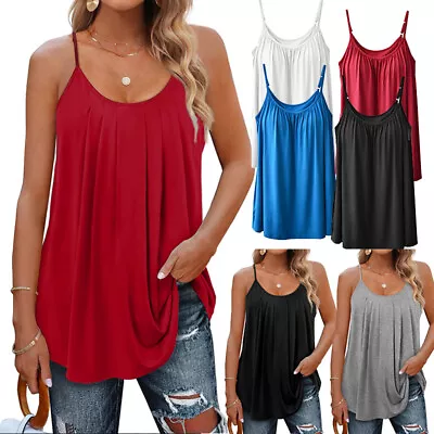 Women Camisole Built In Bra Flowy Tank Top Loose Fit Pleated Vest With Shelf Bra • £18.99