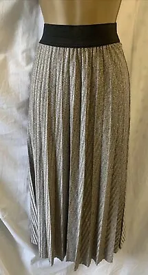 Silver Metallic Plus Size 18 Long Pleated Elasticated Maxi Party Occasion Skirt • £17.95