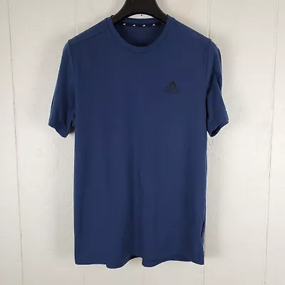 Adidas Shirt Men Large Blue Graphic Logo Crew Neck Short Sleeve Stretch Pullover • $5.33