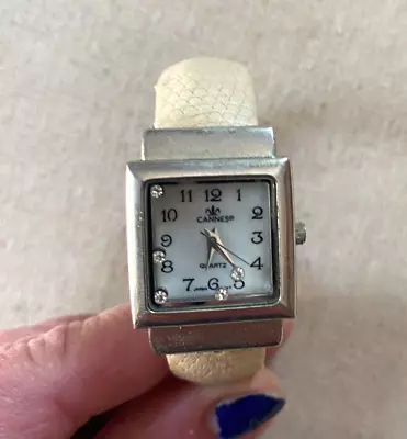 VINTAGE 1990s CANNES Ivory Reptile Snake Silver Rectangle Open Cuff Bangle Watch • $10