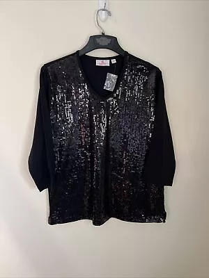 QUACKER FACTORY Women's L Black 3/4 Sleeve V-Neck Sequin Front Pop Over Top New • $13.99