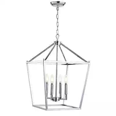 JONATHAN Y Pagoda 16 In. 4-Bulb Chrome Lantern Metal LED Pendant • $119.99