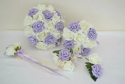 Wedding Bouquet Posy Flowers In LILAC. Flower Girl Wand Grooms Buttonhole • £14.95