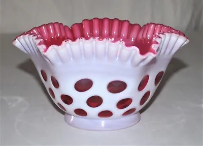 Vintage Fenton Cranberry Opalescent Coin Dot Glass Ruffled Lamp Shade • $165