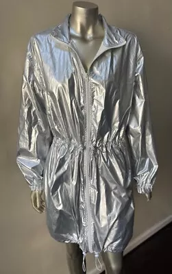 Metallic Silver Windbreaker Drawstring Jacket Coat • $26