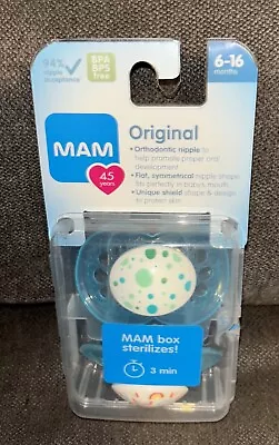 MAM Original 2-Pk Blue & White BPA Free Pacifiers W/Sterilizing Case{6-16Mos.} • $12.99