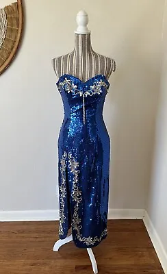 Vintage 80s Valerie Banks Designs Blue Silver Sequin Gown Woman's S • $70