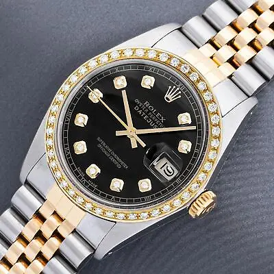 Rolex Mens DateJust 36mm Black Dial Steel And 18k Gold Diamond Bezel Watch • $7080