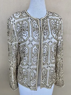Vtg Scala Ivory Beaded Sequin Silk Jacket Sz S Holiday Gatsby Maximalist As Is • $12.60