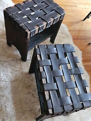 Vintage Mid Century Industrial Rustic Oak & Woven Leather Strap Bench Stools • $425