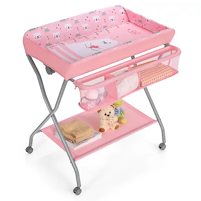 Rolling Baby Changing Table Folding Baby Diaper Changing Station W/ Large Basket • £49.95