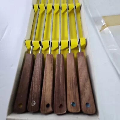 Vintage Fondue Forks MCM Wood Handles Stainless Set Of 6 • $14