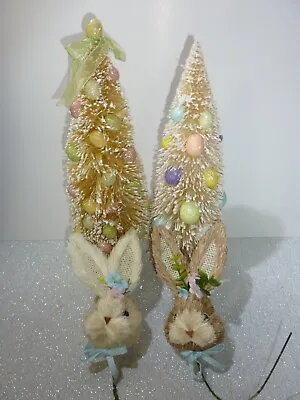 2 Vintage STYLE Easter Bottle Brush Tree Eggs + 2 Sisal Bunny Rabbit Picks! • $25