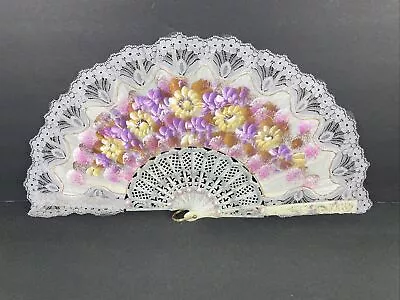 Purple Floral White Handle Lace Womens Fan Vintage Collectible Asian Motif Class • $3.96