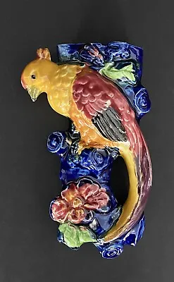 Japan Wall Pocket Majolica Style Figural Parrot Yellow Blue Bird Tree Trunk VTG • $24.99