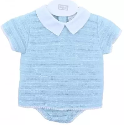 Baby Toddler Boys Spanish Fine Knit Blue Pants & Collared Top Set • £9