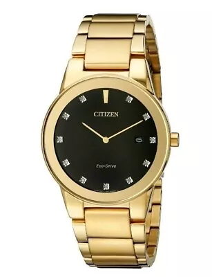 Citizen Men's Eco-drive $450 11 Diamonds Gold Ss Watch Black Dial Au1062-56g • $159