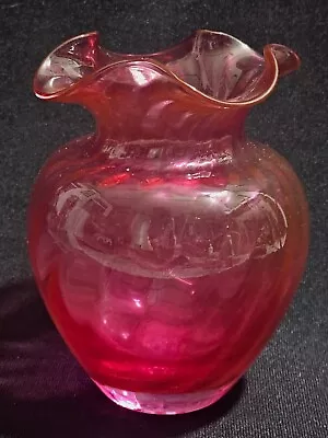 An Antique Cranberry Glass Vase With A Fluted Rim And Ribbed Belly Hand Blown • £22