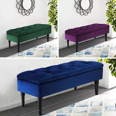 Buttoned Bed End Bench Storage Ottoman Stool Velvet Padded Hallway Window Seat • £82.95