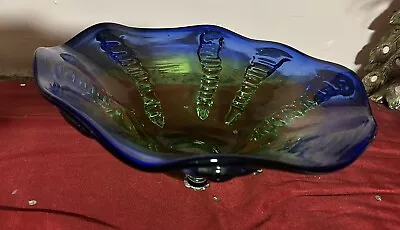 Murano Style Large Art Glass Blown Bowl Blue Green Wave • $34.99