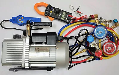 Lot:HVAC Tool Kit Set:Deep Vacuum Pump+Clamp Meter+Leak Detector+Manifold Gauge • $349.97