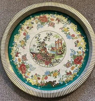 VTG Daher Long Island N.Y.  Round Tin Tray Green Gold Floral Made In England • $8.50