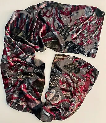 Dana Herbert 59  Long Velvet Silk Rayon Sheer Scarf Black Burgundy Gray • $10