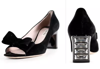 MIU MIU $750 Black Suede Peep Toe Crystal Heels Pumps 38 • $148