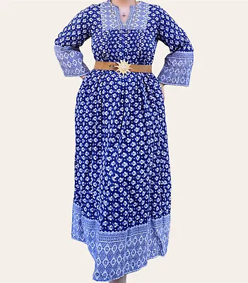 Vintage 70s Hand Block Print Indian Cotton Maxi Dress • $75