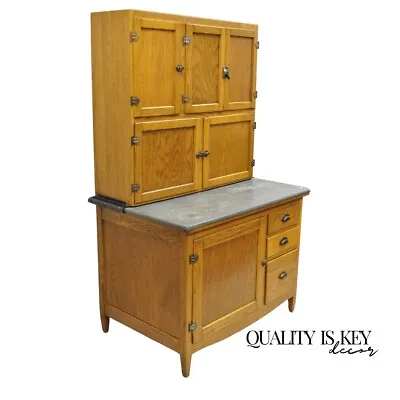 Antique Oak Wood Hoosier Style Cabinet Kitchen Cupboard With Pull Out Zinc Top • $1750