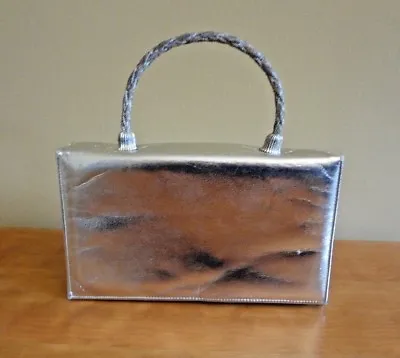 VTG La France Silver Metallic Leather Evening Purse Bag With Flap & Metal Handle • $34.99