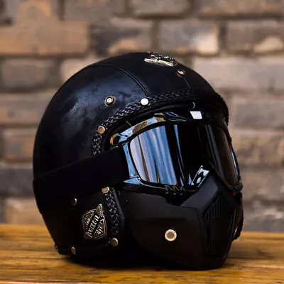 Vintage Motorcycle Helmet Open Face Deluxe PU Leather With Face Mask Or Goggles • $159.30