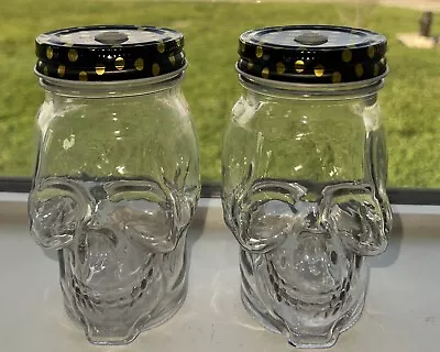 Set Of 2 Skull Shaped Mason Glasses Jars Novelty Drinking Glasses With Lids • $11.99