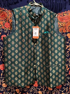 Men's Ethnic Nehru /Modi Vest Green & Gold Pattern Multiple Sizes- 36 44 46 • $35